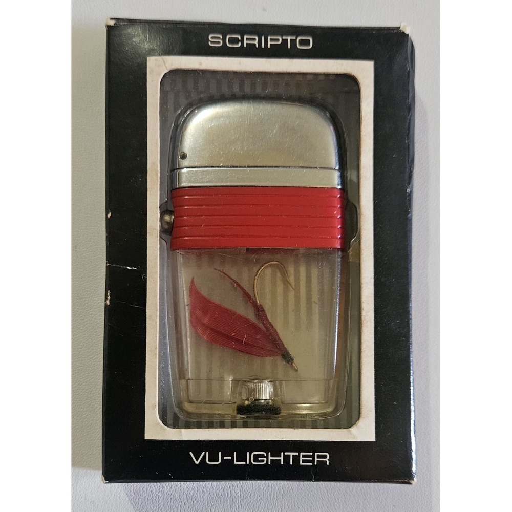 Vintage Scripto Vu Lighter Fly Fish Hook  UNTESTED Original Box